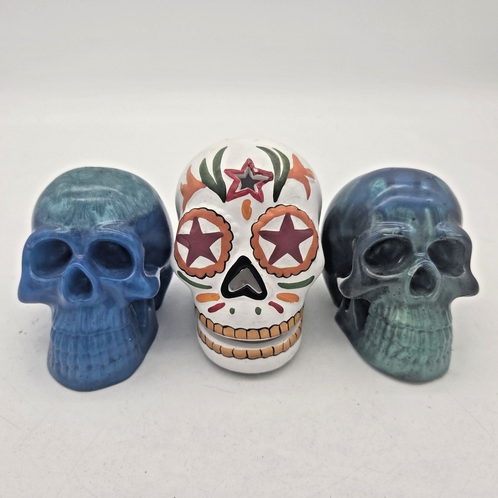 Blue Epoxy Resin Skull Lot 2 & 1 Ceramic Sugar Skull Light Up Statues Decor